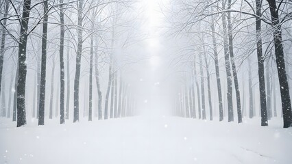 Obraz premium Snowy Forest Path with Fog and Bare Trees in Quiet Winter Landscape