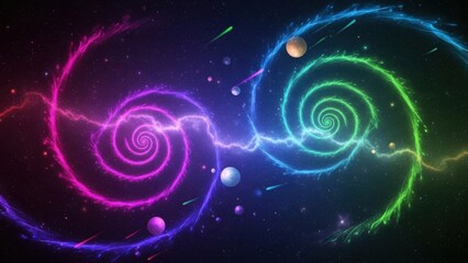 Obraz premium Vivid cosmic scene featuring dual glowing spirals and colorful celestial objects in deep space