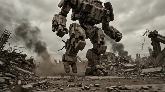 Giant War Robot Stomping Through Ruined Cityscape, Post-Apocalyptic Destruction