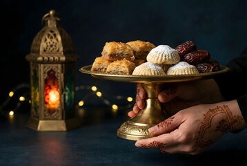 Woman Hands with Henna Serving Ramadan Sweets Baklava and Dates on Golden Stand - 3D Illustration