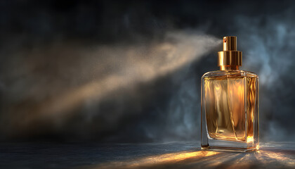 Elegant perfume bottle spraying fine mist with soft golden light