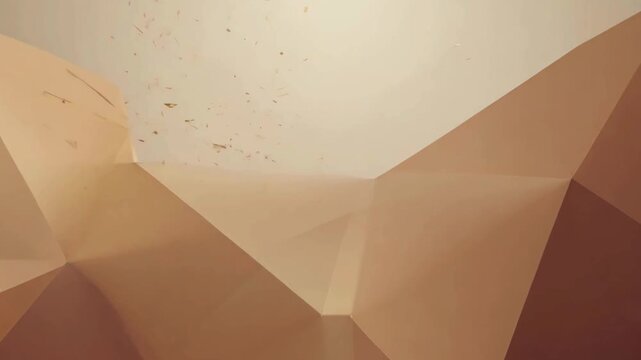 3D animation of a minimalist tan-colored low poly mountain landscape with subtle particles or debris flying.