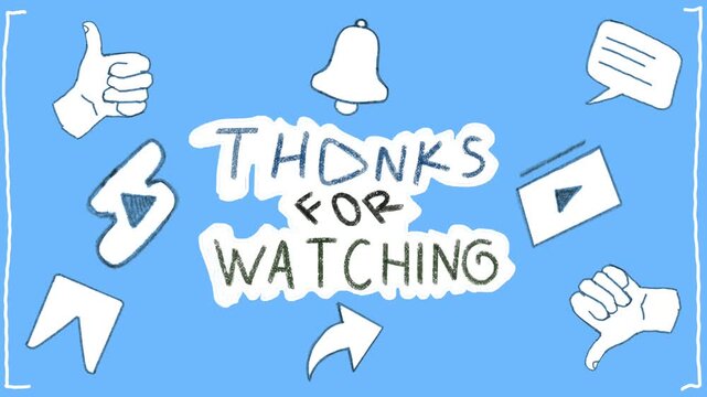 Professional video end screen template featuring "Thanks for Watching" text, subscribe button, and social media icons on a blue background. Ideal for digital content creator, online video interaction.