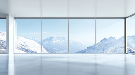 Artificial space of an empty exhibition hall under snow-capped mountains