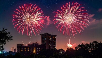 Vibrant red and white fireworks bursting symmetrically in starry night sky above silhouetted buildings and trees