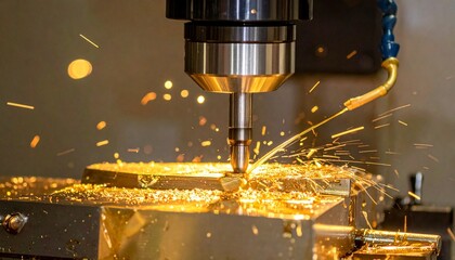 CNC milling machine close-up with rotating cutting tool machining metal workpiece and sparks flying