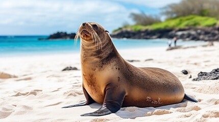Fototapeta premium Curious Sea Lion Resting on Bright Sandy Beach by Turquoise Ocean Under Clear Sky