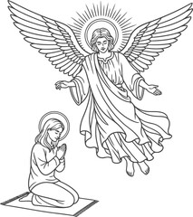 Outline angel wings illustration with holy guardian and calm prayer moment
