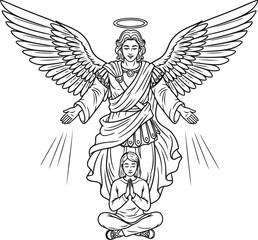 Line art guardian angel design with praying human spiritual illustration