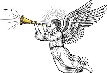 Hand drawn angel wings sketch with spiritual guardian and praying person