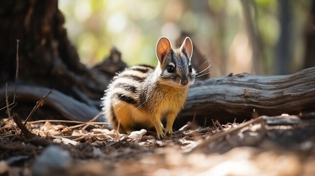 Curious tiny orange-brown forest rodent standing on pine needle covered ground near a fallen log