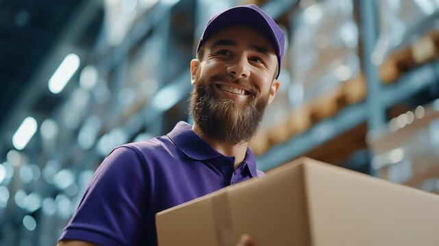 A cheerful delivery worker stands inside a modern warehouse, holding a package with a bright smile. His friendly demeanor lights up the space, showcasing a positive delivery experience - Powered by Adobe