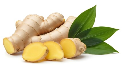 A whole ginger root with three slices and green leaves on a white background spice rhizome