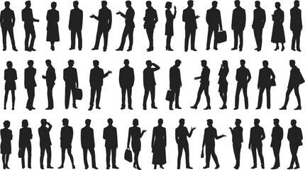Large collection of black business people silhouettes, men and women standing in rows, isolated vector illustration for corporate and office use.