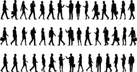 Large business people silhouette set, walking men women, corporate office staff collection, talking meeting vector illustration, isolated black group design.