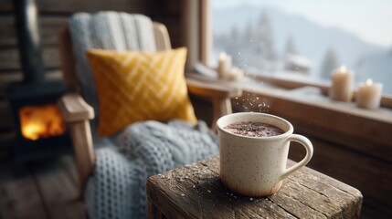 Cozy Hot Chocolate Mug in a Rustic Cabin with Snowy Mountain View