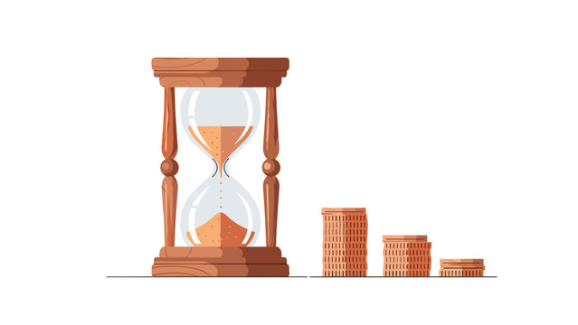 Classic hourglass with sand flowing, positioned beside a declining graph of coin stacks, symbolizing the passage of time and financial loss.