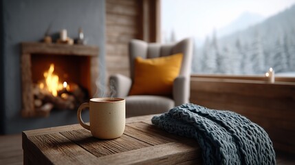 Cozy Coffee Mug and Blanket by Fireplace with Winter View