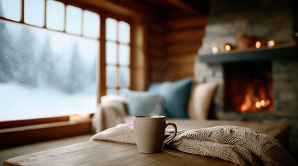 Steaming Mug on Wooden Table in Cozy Winter Log Cabin