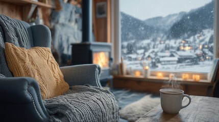 Cozy Armchair and Fireplace Overlooking Snowy Winter Landscape