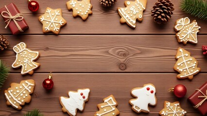 Christmas Cookies on Rustic Wooden Table for Holiday Baking Background