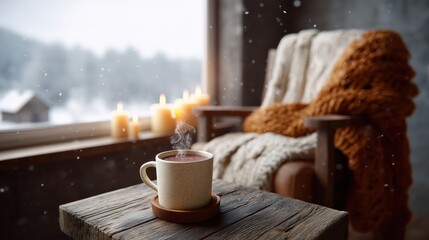 Steaming Mug on Rustic Table by Window in Cozy Winter Cabin