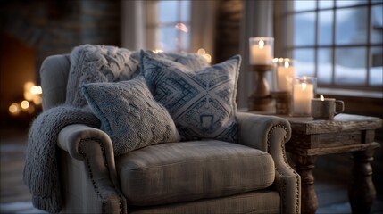 Cozy Armchair by Window with Burning Candles on Winter Evening