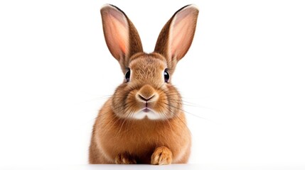 Obraz premium Front-facing brown bunny with raised paws, a cute portrait-style image against a clean white background