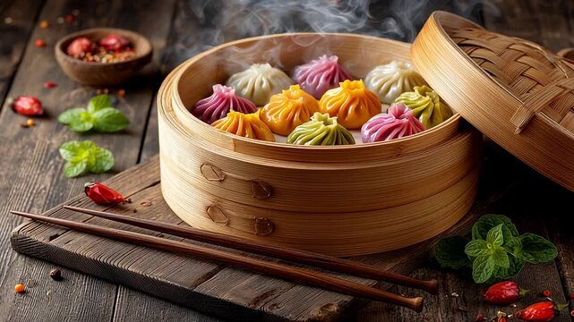 Brightly colored dumplings steam gently in a bamboo basket, filling the air with delicious aromas. Vibrant hues and intricate shapes make this a treat both visual and culinary