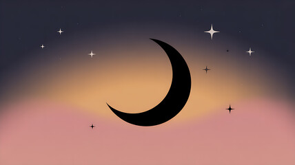 Crescent moon shining bright in starry night sky with warm sunset glow
