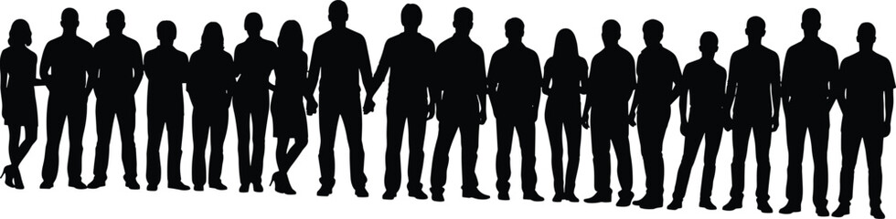 Large crowd silhouette, big group of men and women standing together in a row, community team, cad drawing flat vector illustration
