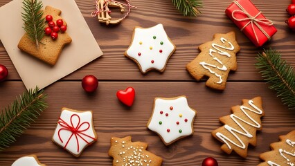 Christmas Cookies Flat Lay with Festive Decorations for Holiday Concept
