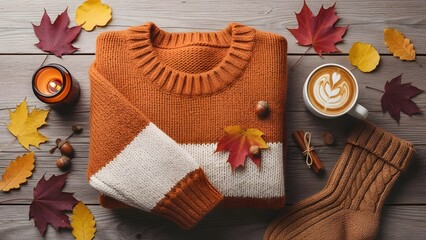 Cozy Autumn Sweater Flat Lay with Fall Leaves for Seasonal Lifestyle Concept