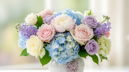 Elegant pastel flower bouquet with roses and hydrangea for wedding and romantic decoration