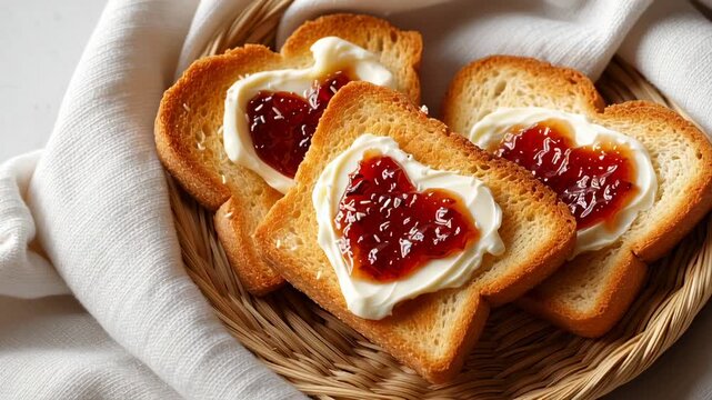 Savor the sweetness of heart-shaped jam atop toasted bread. This closeup showcases the delicious blend of creamy spread and vibrant jam, perfect for brightening your morning