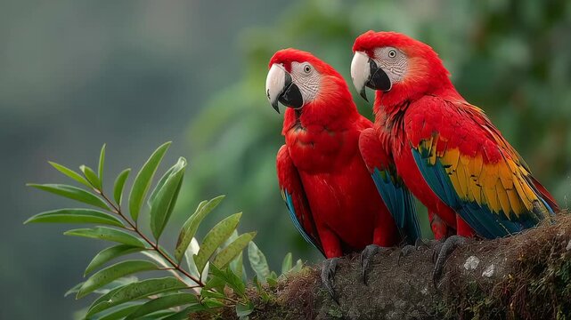 Two vibrant macaws sit gracefully on a moss-covered tree branch, surrounded by lush green foliage. Their brilliant colors shine in the tranquil rainforest setting