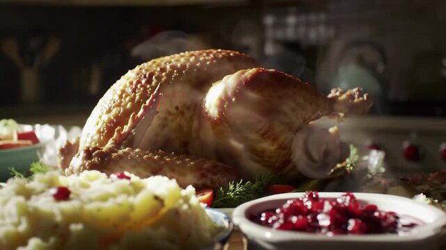 Roasted turkey with steaming vegetables and cranberry sauce on a dining table in a restaurant kitchen with blurred background