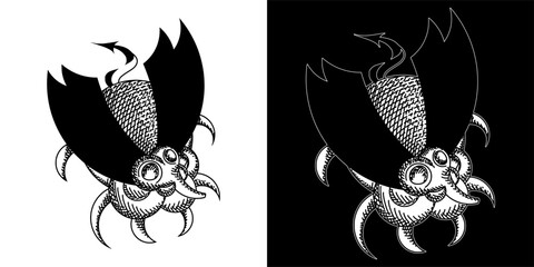 Abstract insect line art illustration with crosshatching technique in black and white inverted versions © DIB