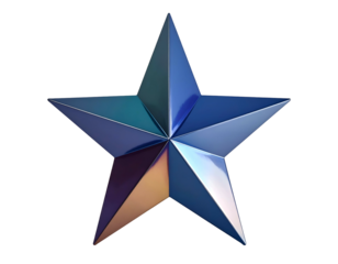 A five-pointed metallic star with iridescent blue and gold highlights