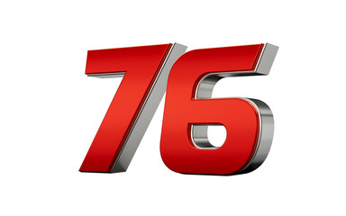 Metallic Red number 76 Seventy six with a glossy finish and reflective silver edges. 3d illustration