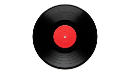 Black Vinyl Record with Red Center Label on White Background music audio