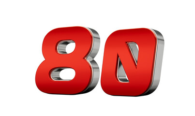 Metallic Red number 80 or Eighty with a glossy finish and reflective silver edges. 3d illustration