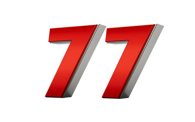 Metallic Red number 77 with a glossy finish and reflective silver edges. 3d illustration