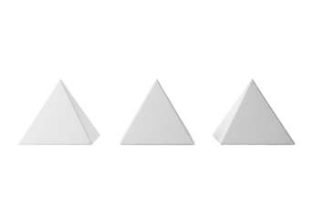 three identical, minimalist matte white pyramids aligned on a high-gloss reflective surface in a sterile, high-key studio setting with copy space. concept of modern geometric precision