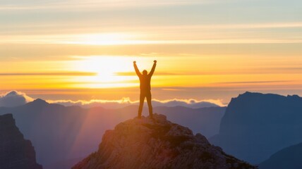Conquering the Heights: A silhouette of a person stands atop a mountain, arms raised in triumph against a vibrant sunset sky. Capturing a sense of achievement and the beauty of nature.