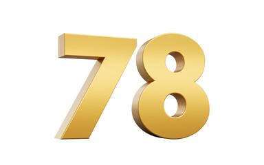 3D Golden number 78 Seventy eight with a shiny metallic finish and sharp edges, 3d illustration