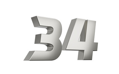 3d Silver number 34 Thirty four sleek metallic look with a slight shadow effect, 3d illustration