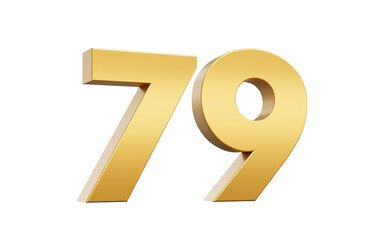 3D Golden number 79 Seventy nine with a shiny metallic finish and sharp edges, 3d illustration