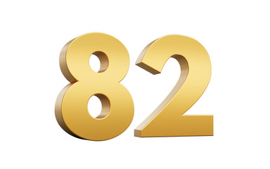 3D Golden number 82 Eighty two with a shiny metallic finish and sharp edges, 3d illustration