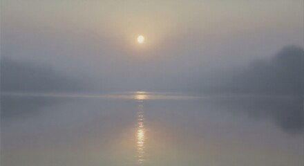 Serene golden sunrise reflecting on tranquil misty lake at dawn